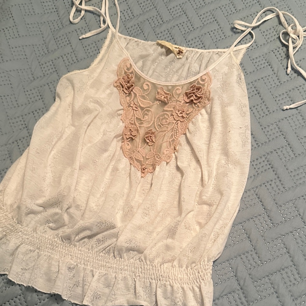Free People White Camisole with Pink Lace Detail